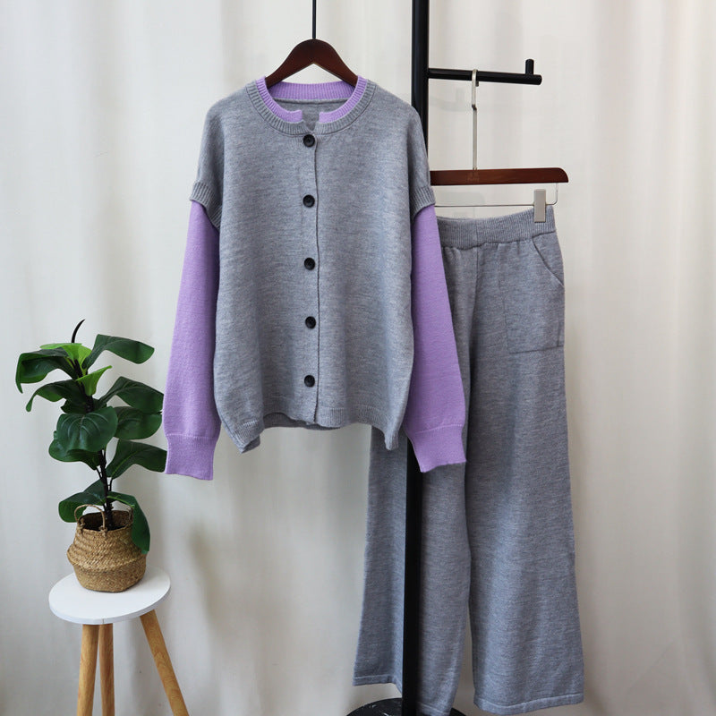 Detachable sleeve knitted cardigan, woolen pants, loose contrasting sweater set