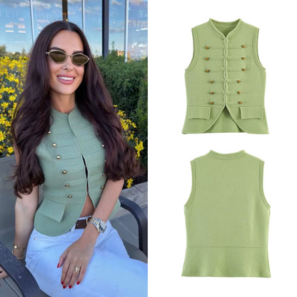Sleeveless round neck rope knot knit vest top for women