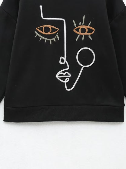 Zevity Women Fashion Abstract Pattern Embroidery Casual Fleece Sweatshirts Female Long Sleeve Hoodies Chic Pullovers Tops H3090