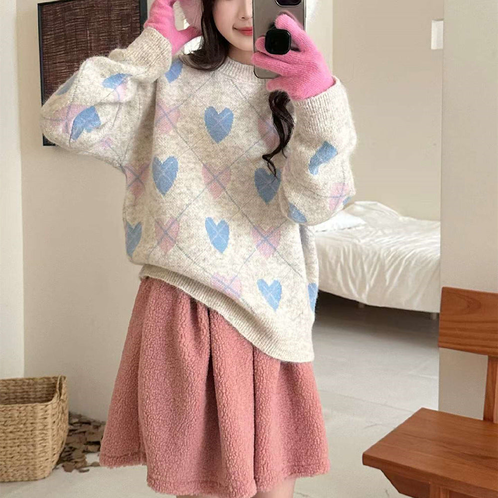 Love jacquard round neck sweater for women