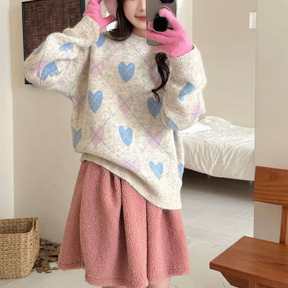 Love jacquard round neck sweater for women