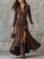Elegant Zipper Stand Collar Slit Long Dress with Slim Fit
