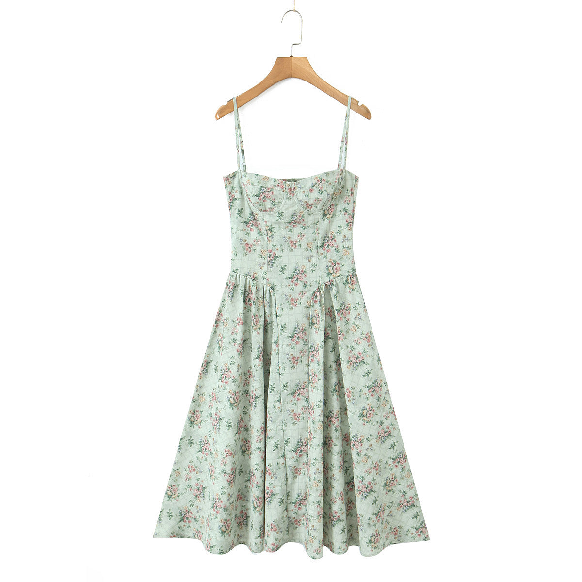Green Floral Print Pleated Strapless Dress
