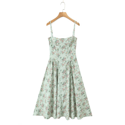 Green Floral Print Pleated Strapless Dress