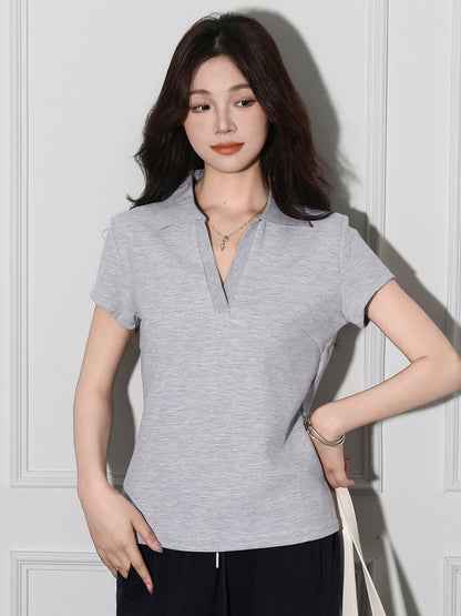 Polo Collar Straight Shoulder Short Sleeve T-Shirt for Women