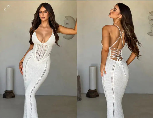 Robe longue en maille dos nu