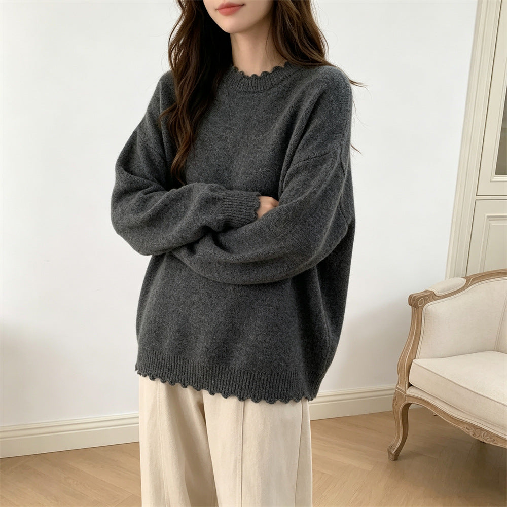 Solid color lace long sleeved pullover sweater