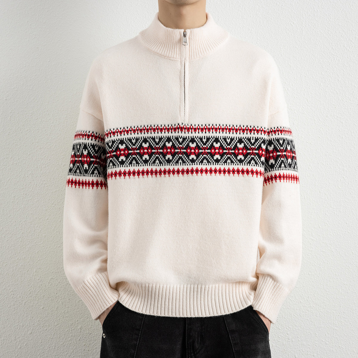 Men's Casual Ethnic Jacquard Stand Collar Half-Zip Knit Sweater