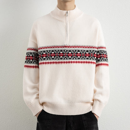 Men's Casual Ethnic Jacquard Stand Collar Half-Zip Knit Sweater