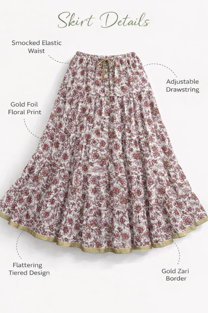Blackfever White & Pink Floral Tiered Cotton Skirt – Free Size