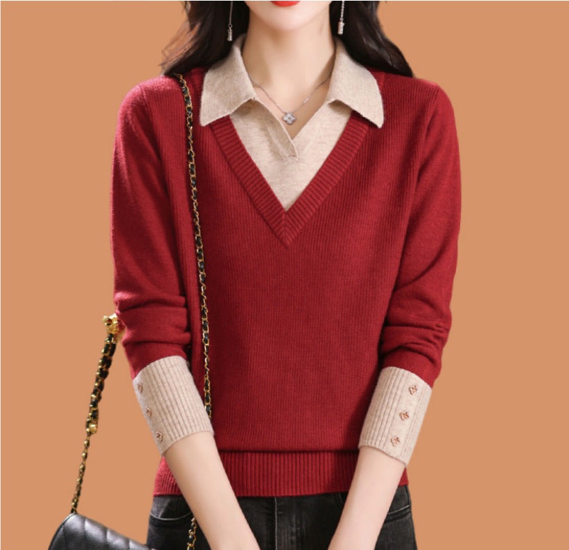 Fake two woolen sweaters women's color blocked base sweater