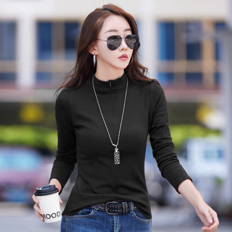 Solid color half zipper long sleeved women's slim fit top