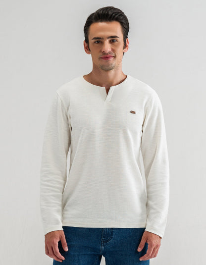 Off White Long Sleeve Textured Crew Neck T-Shirt
