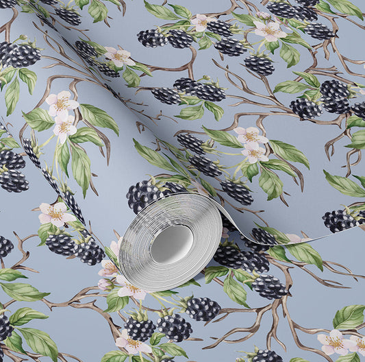 BRAMBLE & BLOSSOM STEEL BLUE WALLPAPER