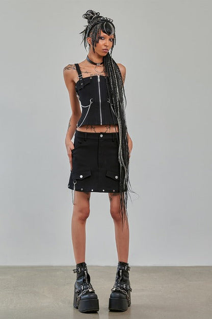 Jupe cargo gothique noire avec fermeture éclair, style punk, marque Banned