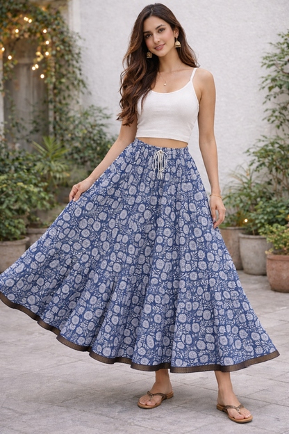 Blue Floral Tiered Cotton Maxi Skirt – Free Size