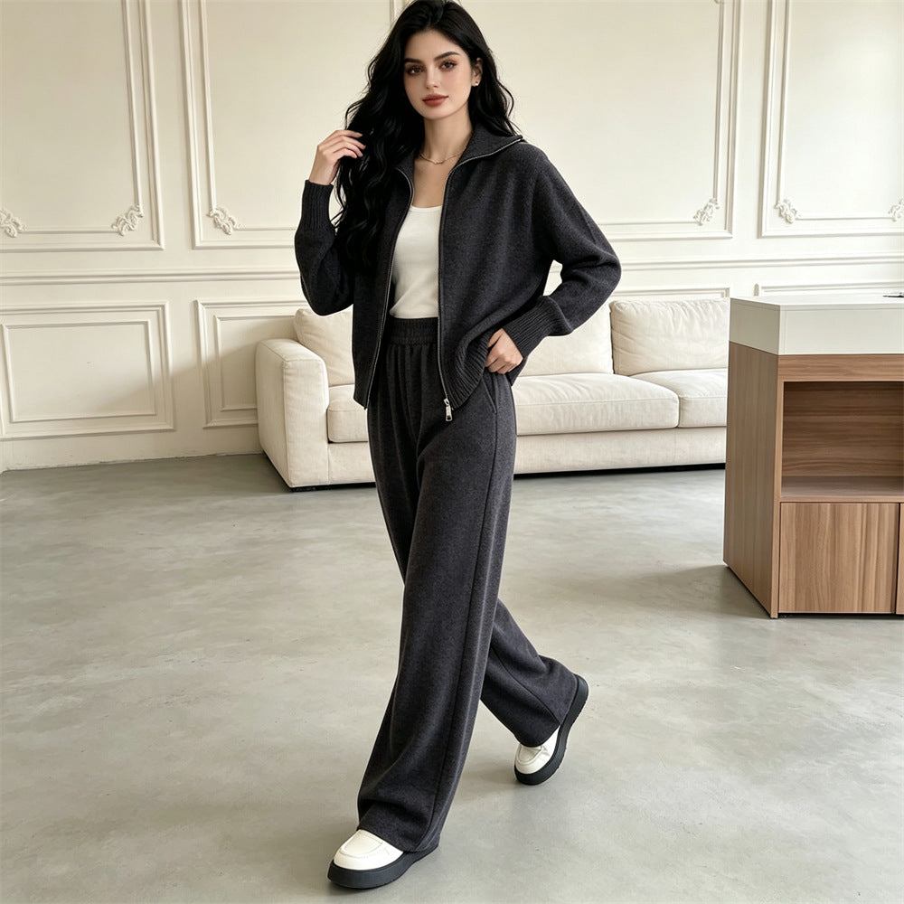 knitted sweater cardigan wide leg pants two-piece set