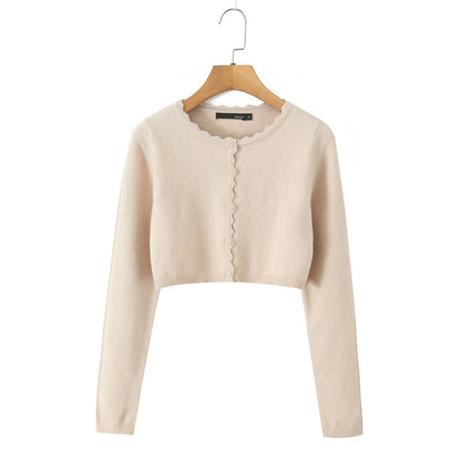 Round neck wavy lace long sleeved cardigan casual knit sweater