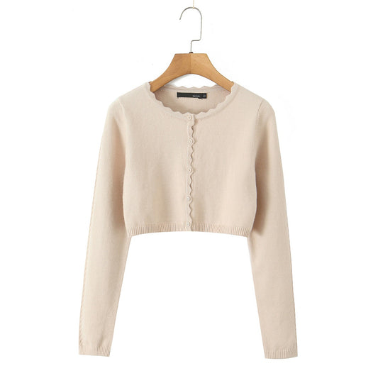 Round neck wavy lace long sleeved cardigan casual knit sweater
