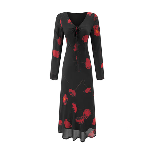 Sexy V-Neck Tied Long Sleeve Waist-Cinched Dress