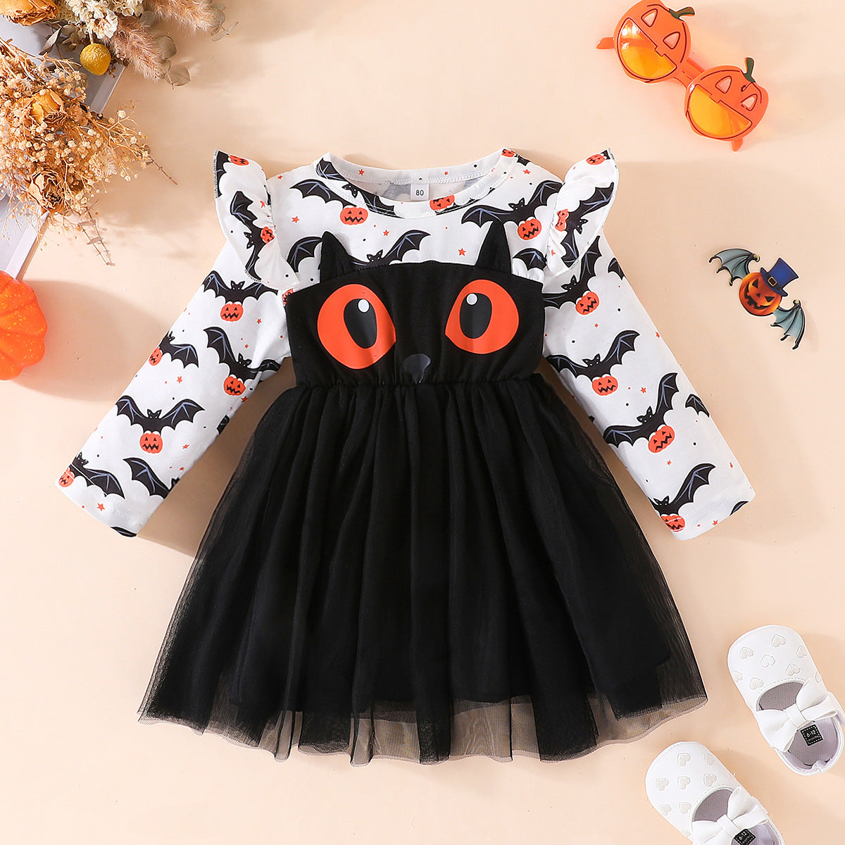 Halloween Girls' Bat Print Dress Long Sleeve Tulle Princess Dress Party Performance Outfit
