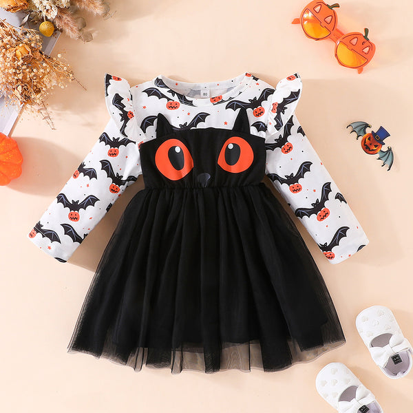 Halloween Girls' Bat Print Dress Long Sleeve Tulle Princess Dress Party Performance Outfit