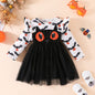 Halloween Girls' Bat Print Dress Long Sleeve Tulle Princess Dress Party Performance Outfit