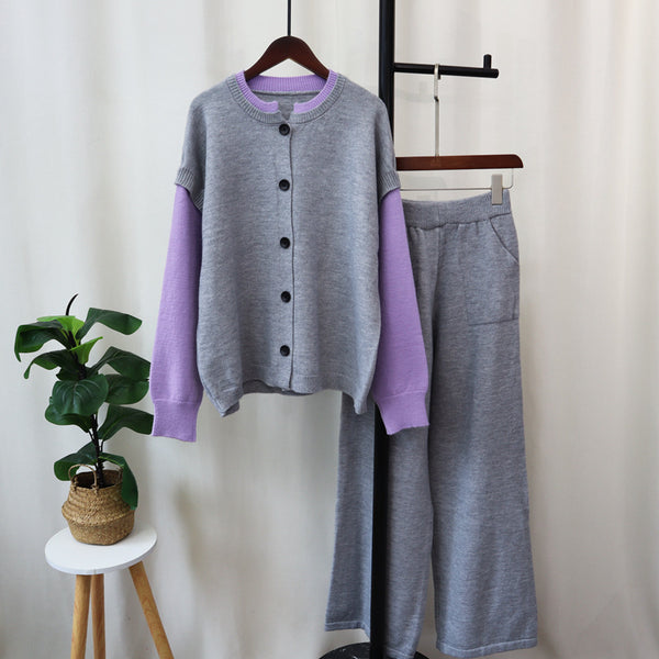 Detachable sleeve knitted cardigan, woolen pants, loose contrasting sweater set