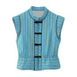 Single row buckle trimmed striped cotton vest for women