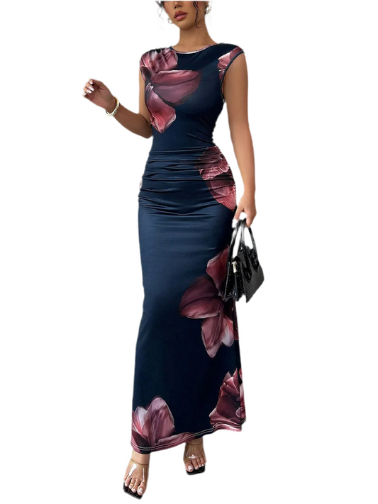Robe longue moulante sans manches à imprimé floral