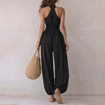 Sleeveless hanging neck backless high waisted jumpsuit