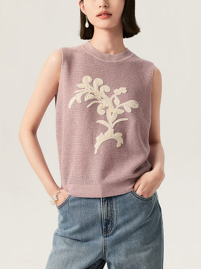 Lightweight Knit Sleeveless Top with Embroidery and Color-block Pattern, Elegant Summer Style