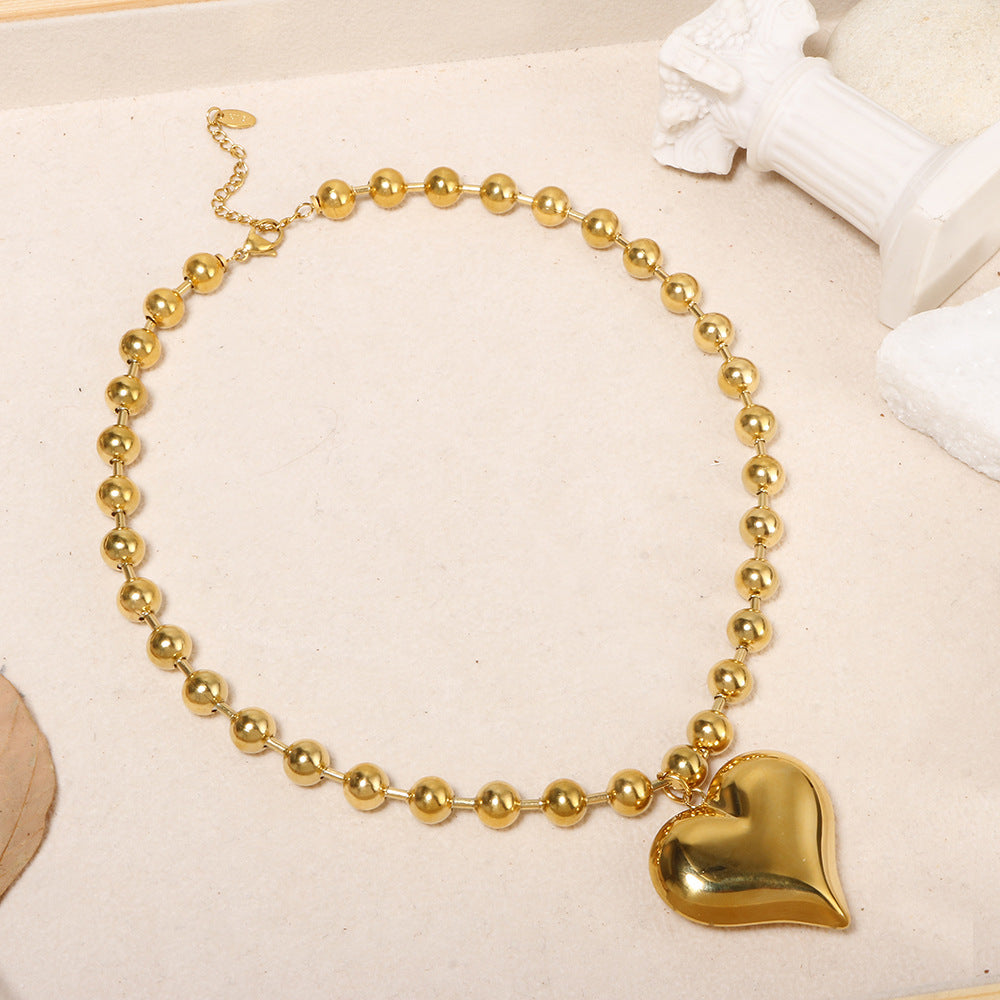 Exaggerated bead chain 18K gold heart pendant necklace