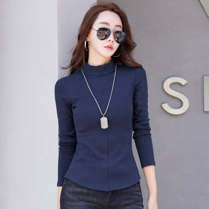 Solid color half zipper long sleeved women's slim fit top