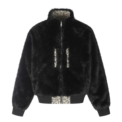 Leopard Print Reversible Stand Collar Cotton Jacket