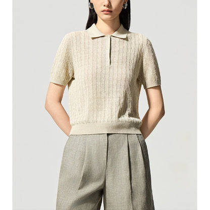 Vintage Preppy Style Polo Neck Linen Knit Short Sleeve