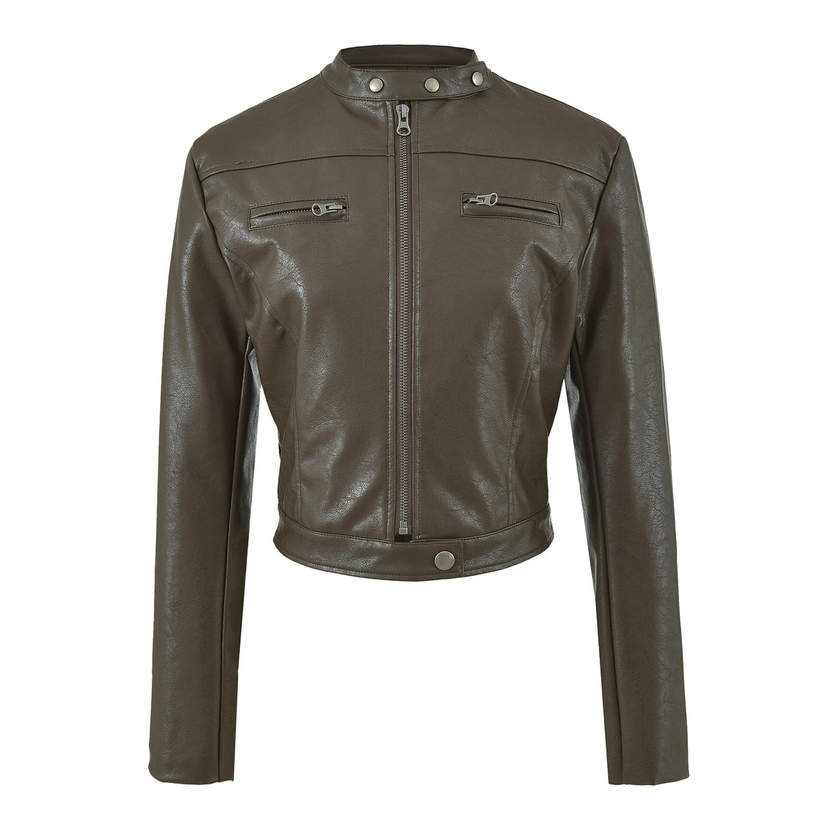 Vintage Brown PU Leather Zip-Up Stand Collar Cropped Jacket