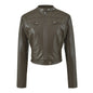 Vintage Brown PU Leather Zip-Up Stand Collar Cropped Jacket