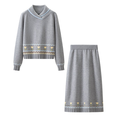 Knit Top and High Waist Straight Long Skirt Two-Piece Set