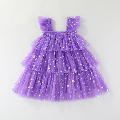 Girls' Halloween Flutter Sleeve Strapless Layered Dress, Ghost Pumpkin Style Holiday Formal Dress