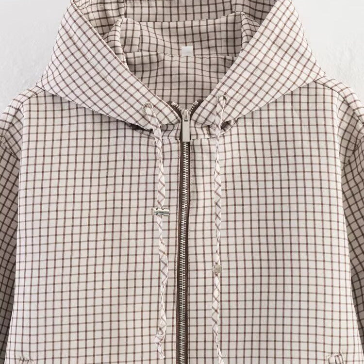 Versatile plaid hooded zipper jacket