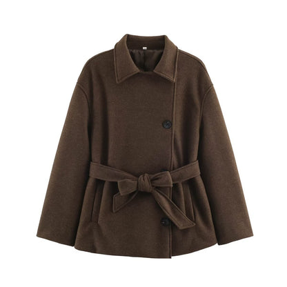 Slanted breasted buckle with waist belt woolen coat for women