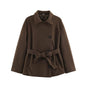 Slanted breasted buckle with waist belt woolen coat for women