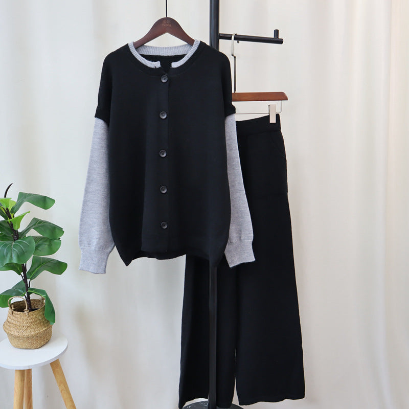 Detachable sleeve knitted cardigan, woolen pants, loose contrasting sweater set