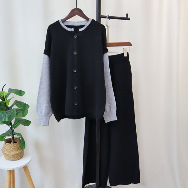 Detachable sleeve knitted cardigan, woolen pants, loose contrasting sweater set