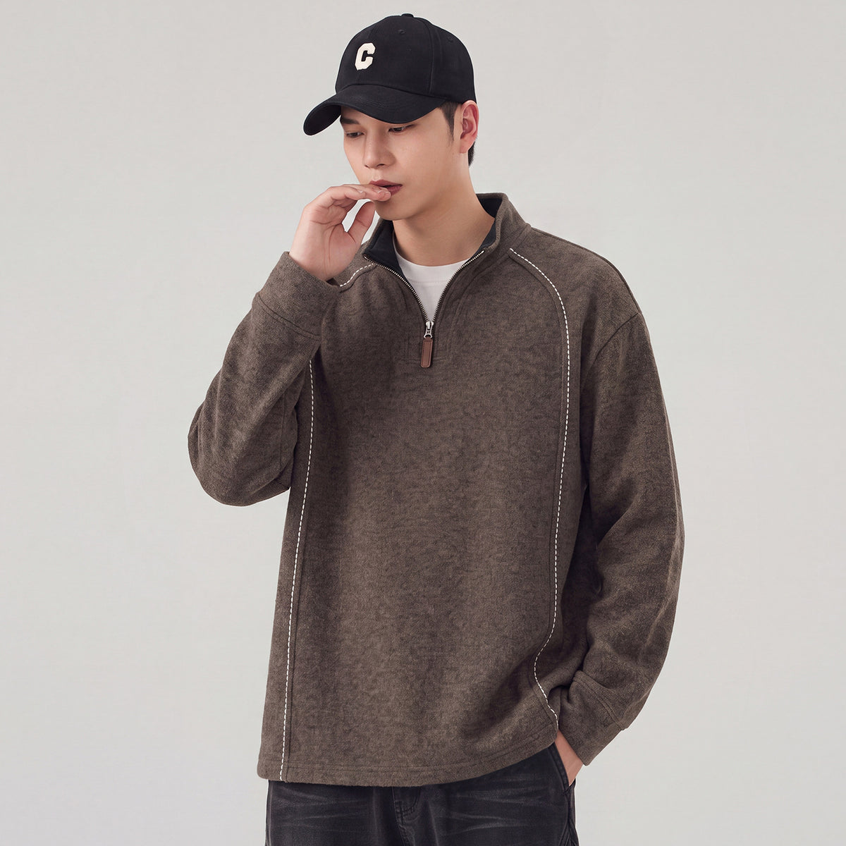 Casual Raglan Sleeve Half Zip Stand Collar Men's Sweatshirt
