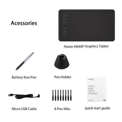 Tablette graphique USB professionnelle HUION Inspiroy Series H640P 5080LPI pour Windows / Mac OS, avec stylet sans batterie
