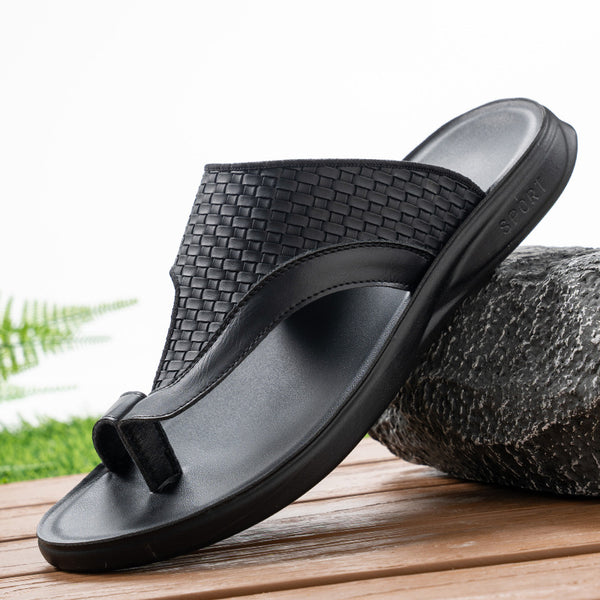 Woven Pattern Men's Slippers Summer Toe-Loop Slip-On Non-Slip Soft Sole Outdoor Beach Shoes