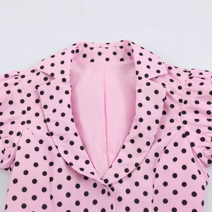 Two button polka dot short sleeved shirt for women