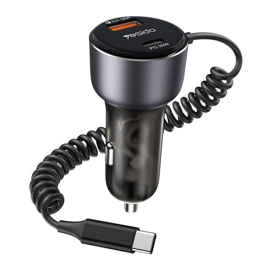 Chargeur de voiture double port Yesido Y56 60W PD + QC3.0 avec câble de données spiralé USB-C / Type-C